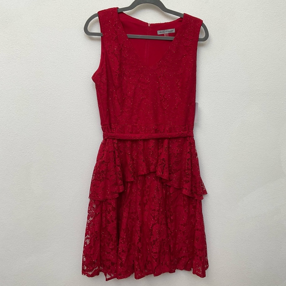 NWT Danny And Nicole Garnet Red Sparkle Lace Zip Back Dress Size 12 Holiday